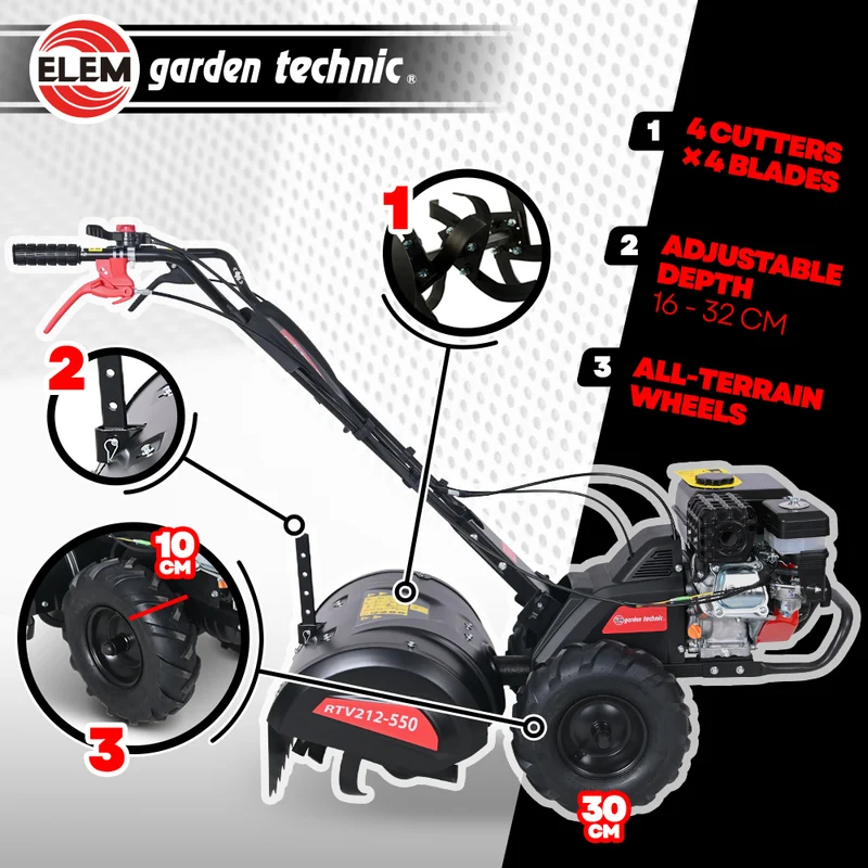 Motoculteur rotovateur 212 cc Elem Garden – Largeur 50 cm, Profondeur 16‑32 cm – Jardin et potager performant