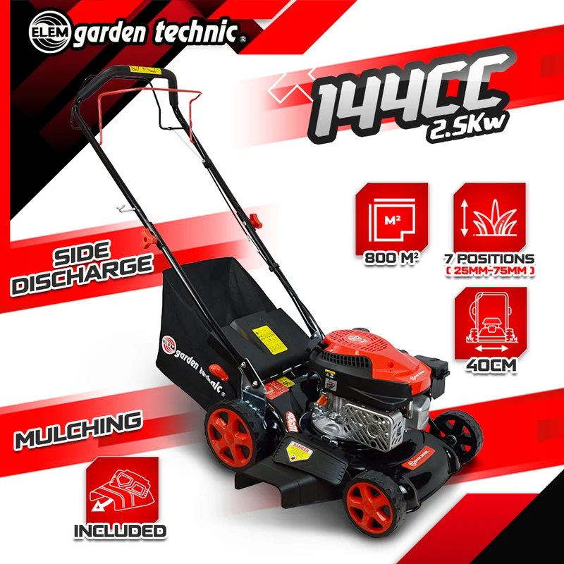 Tondeuse thermique tractée 144 CC – 40 cm, mulching, éjection latérale, 800 m²
