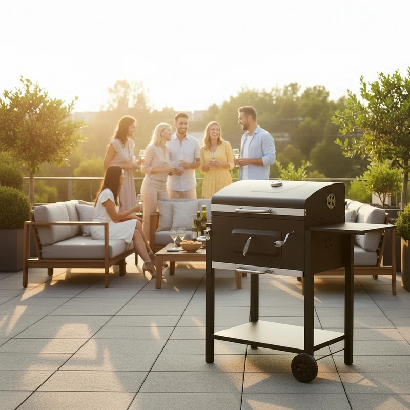 Barbecue à charbon avec couvercle et thermomètre – Grande grille 55 x 41,6 cm, 6 à 10 personnes, mobile