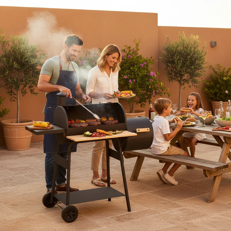 Barbecue fumoir au charbon avec thermomètre – Double cuisson, 54 x 30 cm, 4 à 6 personnes, mobile