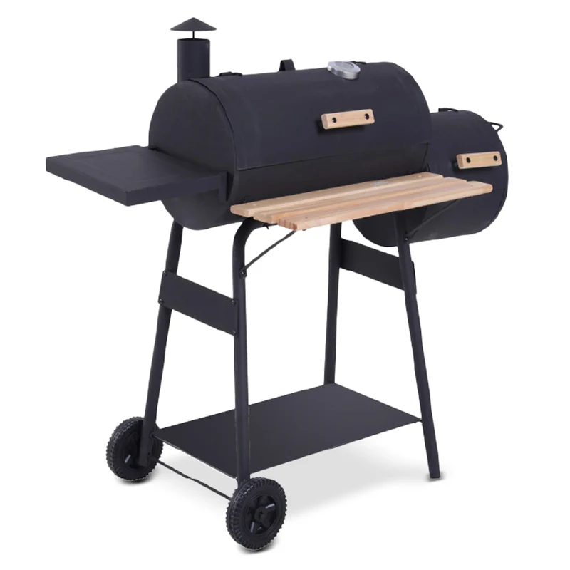 Barbecue fumoir au charbon avec thermomètre – Double cuisson, 54 x 30 cm, 4 à 6 personnes, mobile