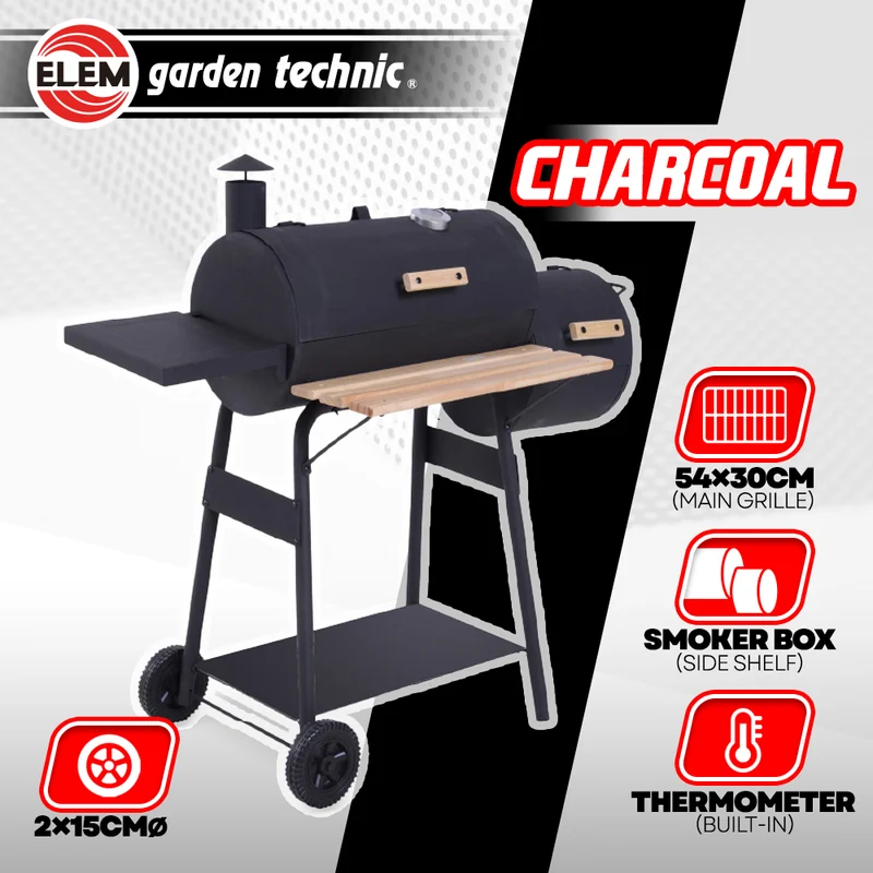Barbecue fumoir au charbon avec thermomètre – Double cuisson, 54 x 30 cm, 4 à 6 personnes, mobile