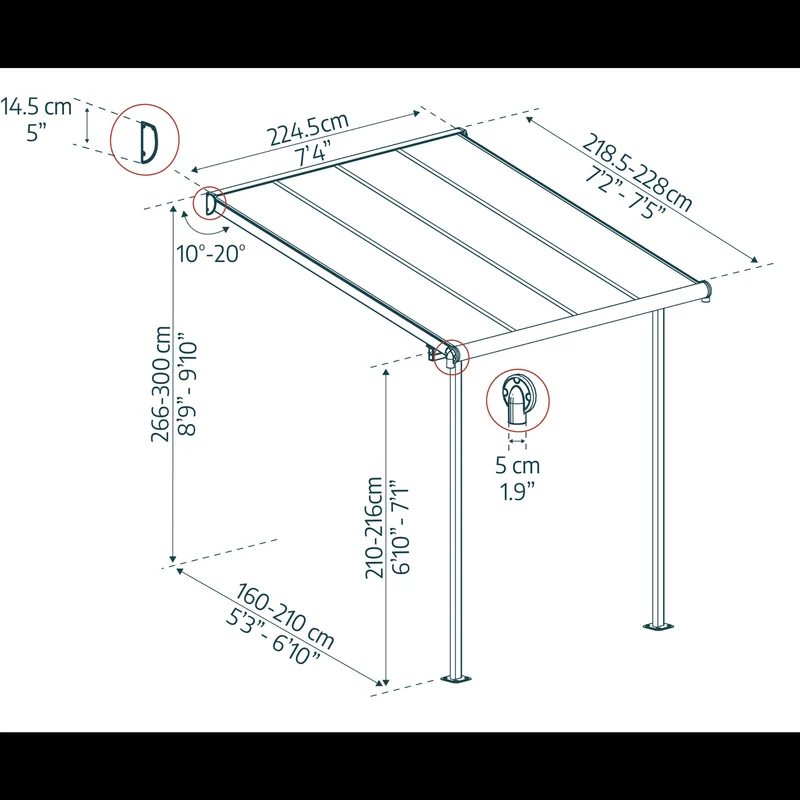Pergola Sierra 224 x 224,5 cm gris anthracite – Polycarbonate anti-UV, aluminium sans entretien