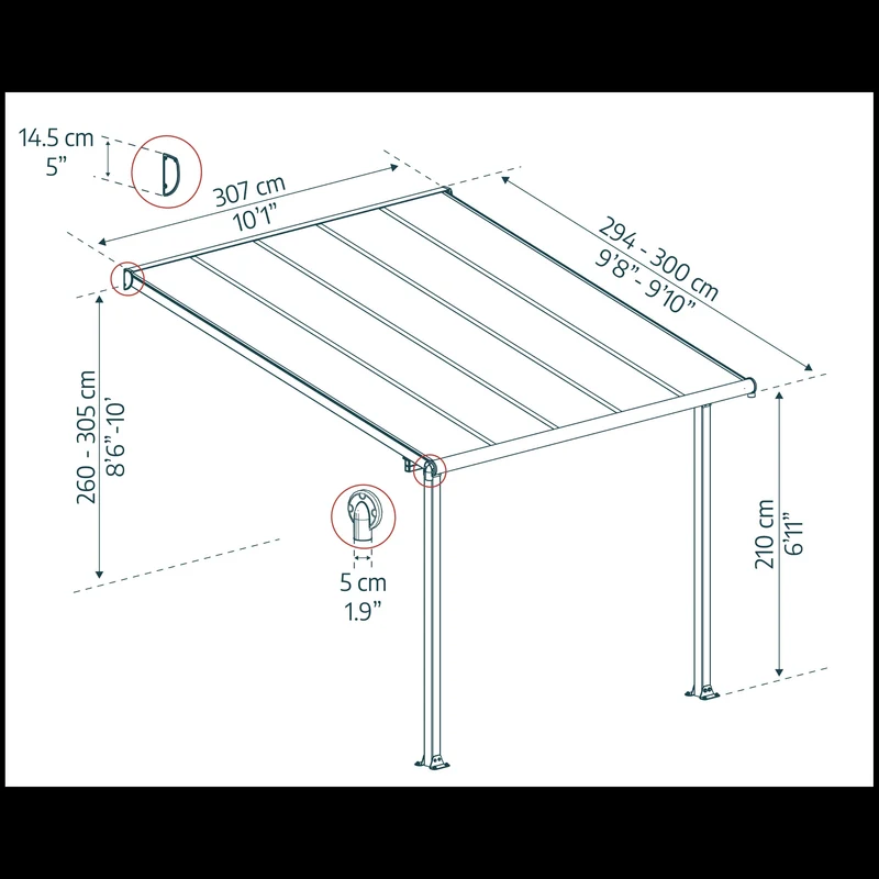 Pergola Olympia 300 x 307 cm – Gris clair, polycarbonate 16 mm, aluminium robuste