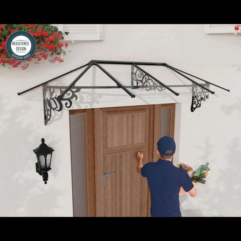 Auvent de porte Lily noir – polycarbonate 4 mm, aluminium, anti UV, sans entretien
