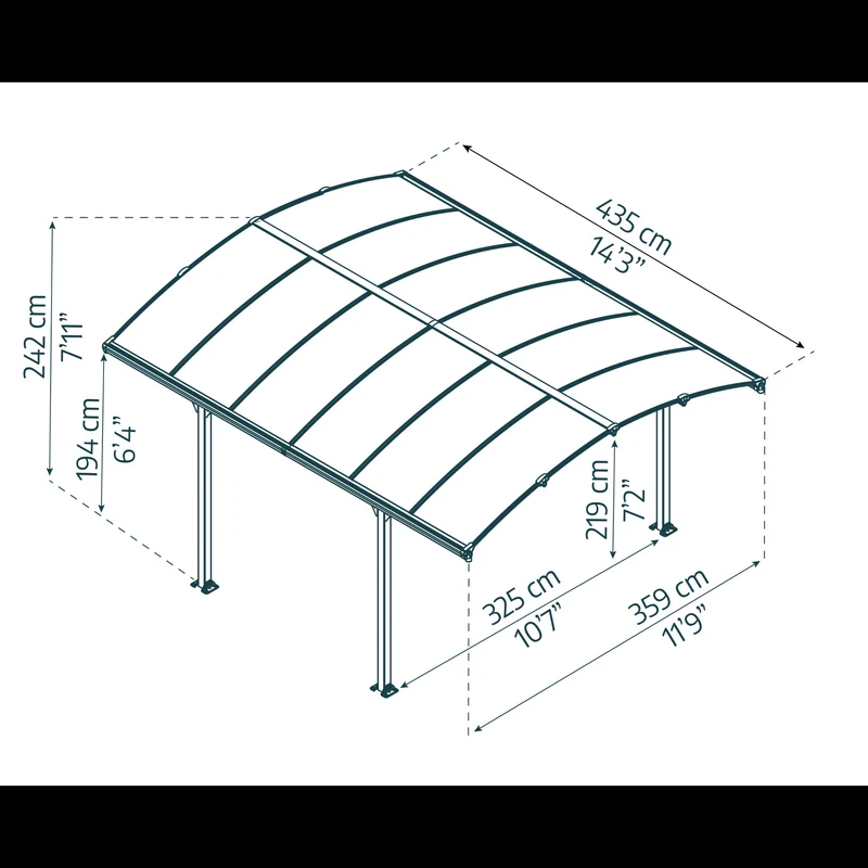 Carport Arcadia 11 m² 3,25 x 2,19 m aluminium anthracite – polycarbonate 6 mm, anti UV, 150 kg/m²