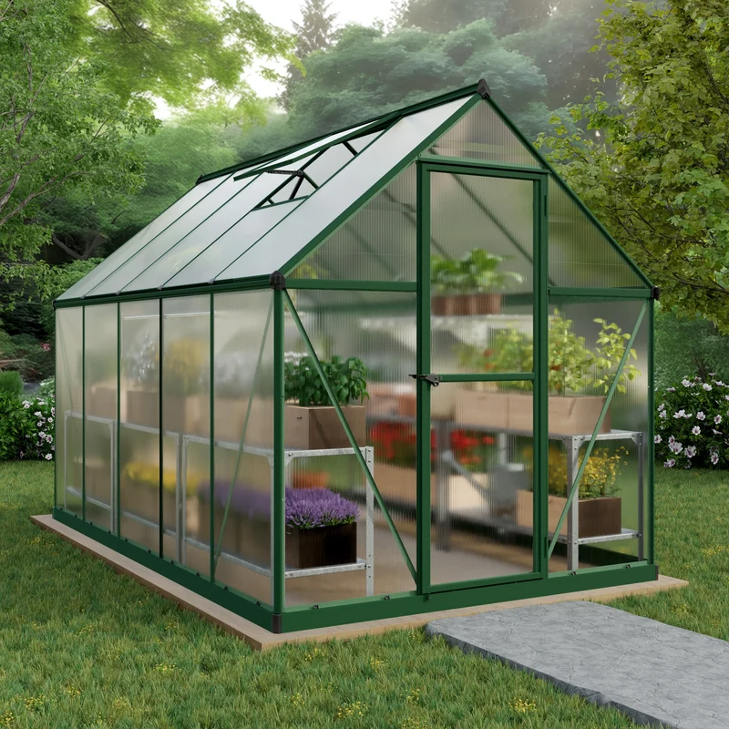 Serre de jardin Mythos verte 5,7 m² – polycarbonate double paroi 4 mm, aluminium, base acier, ventilation, montage facile