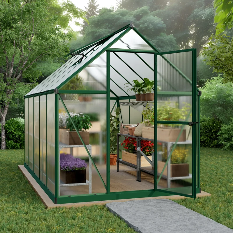 Serre de jardin Mythos verte 5,7 m² – polycarbonate double paroi 4 mm, aluminium, base acier, ventilation, montage facile