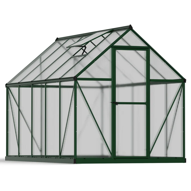Serre de jardin Mythos verte 5,7 m² – polycarbonate double paroi 4 mm, aluminium, base acier, ventilation, montage facile