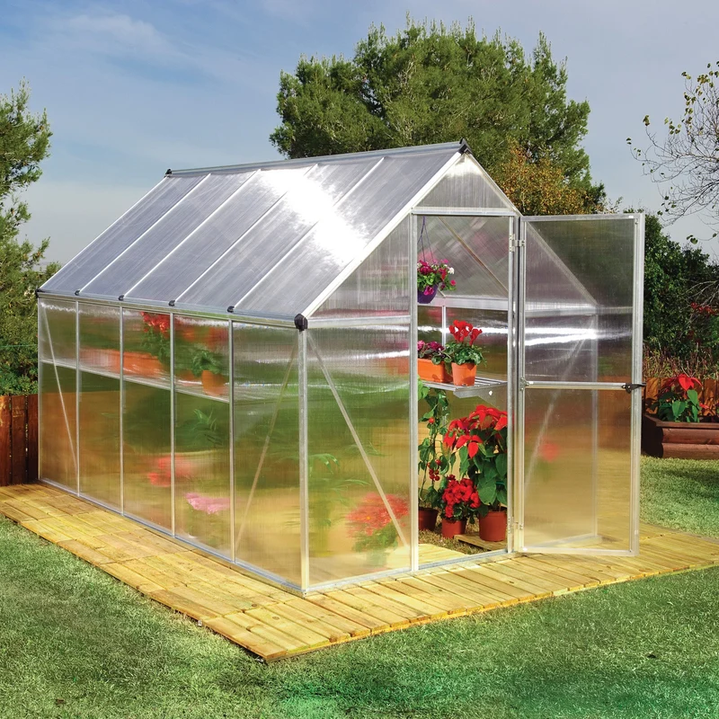 Serre de jardin Mythos argent 5,7 m² – polycarbonate double paroi, aluminium, base acier, ventilation, montage facile