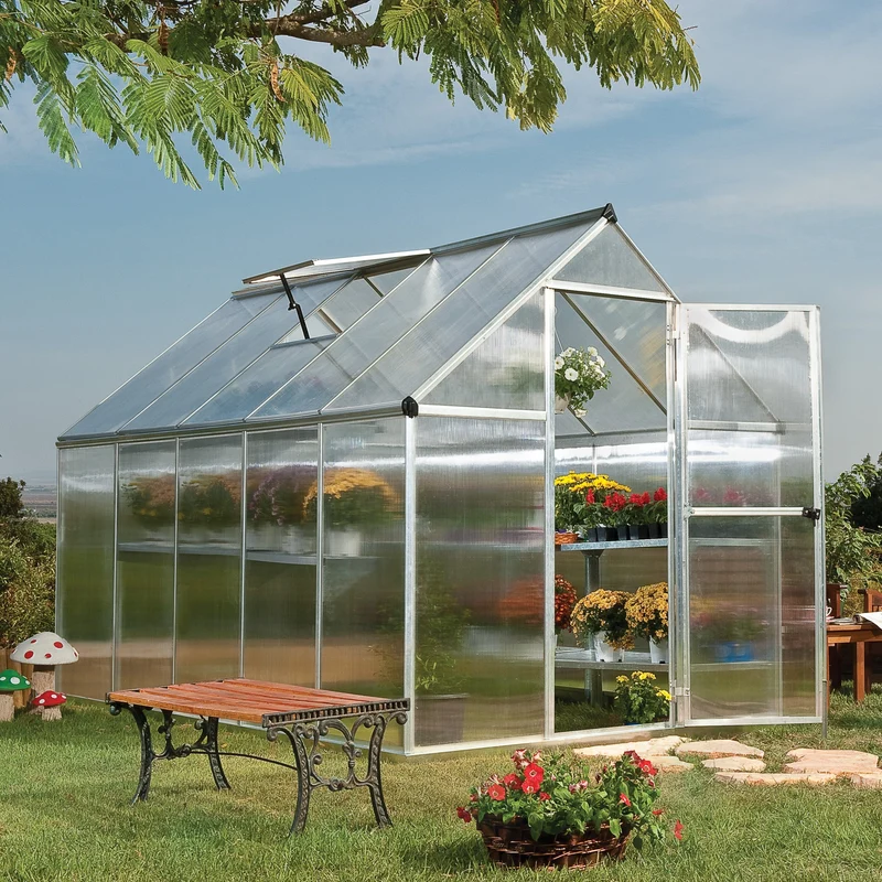 Serre de jardin Mythos argent 5,7 m² – polycarbonate double paroi, aluminium, base acier, ventilation, montage facile