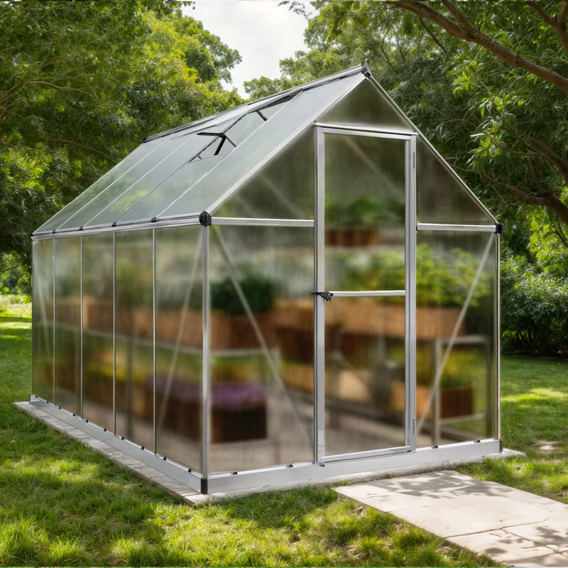 Serre de jardin Mythos argent 5,7 m² – polycarbonate double paroi, aluminium, base acier, ventilation, montage facile