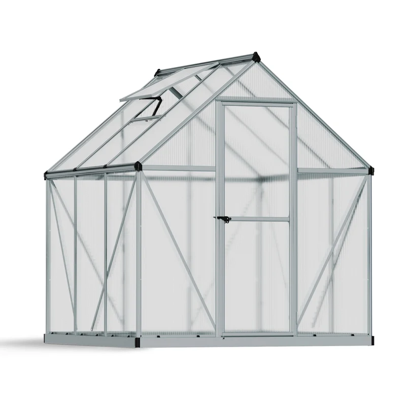 Serre de jardin Mythos 3,4 m² – argent – polycarbonate double paroi, aluminium, base acier, ventilation, montage facile