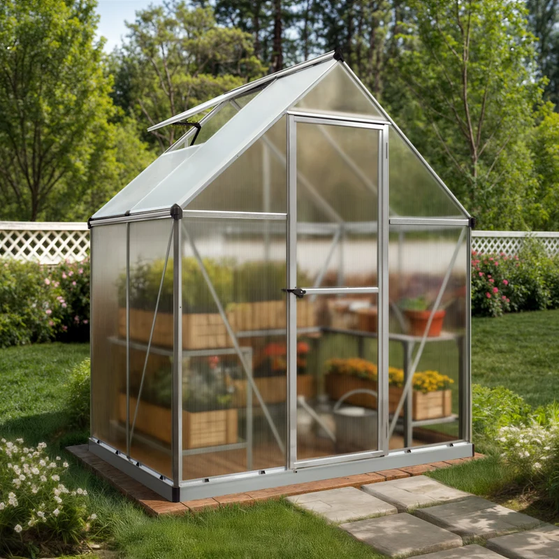 Serre de jardin Mythos 2,3 m² – argent – polycarbonate double paroi, aluminium, base acier, montage facile