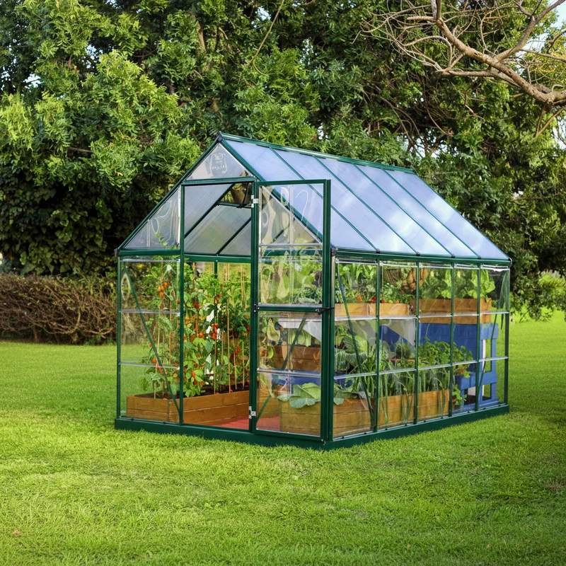 Serre de jardin Hybrid 5,6 m² – vert – polycarbonate double paroi, aluminium, base acier, ventilation, montage facile