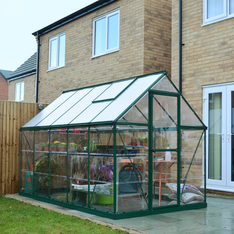 Serre de jardin Hybrid 5,6 m² – vert – polycarbonate double paroi, aluminium, base acier, ventilation, montage facile