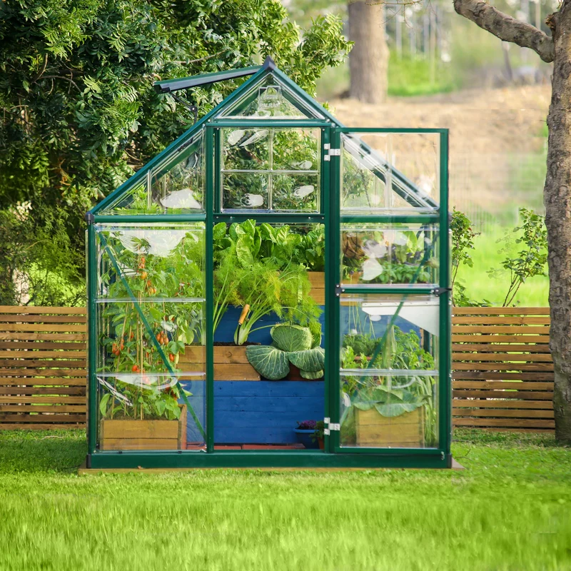 Serre de jardin Hybrid 4,6 m² – vert - polycarbonate double paroi, aluminium, base acier, ventilation, montage facile