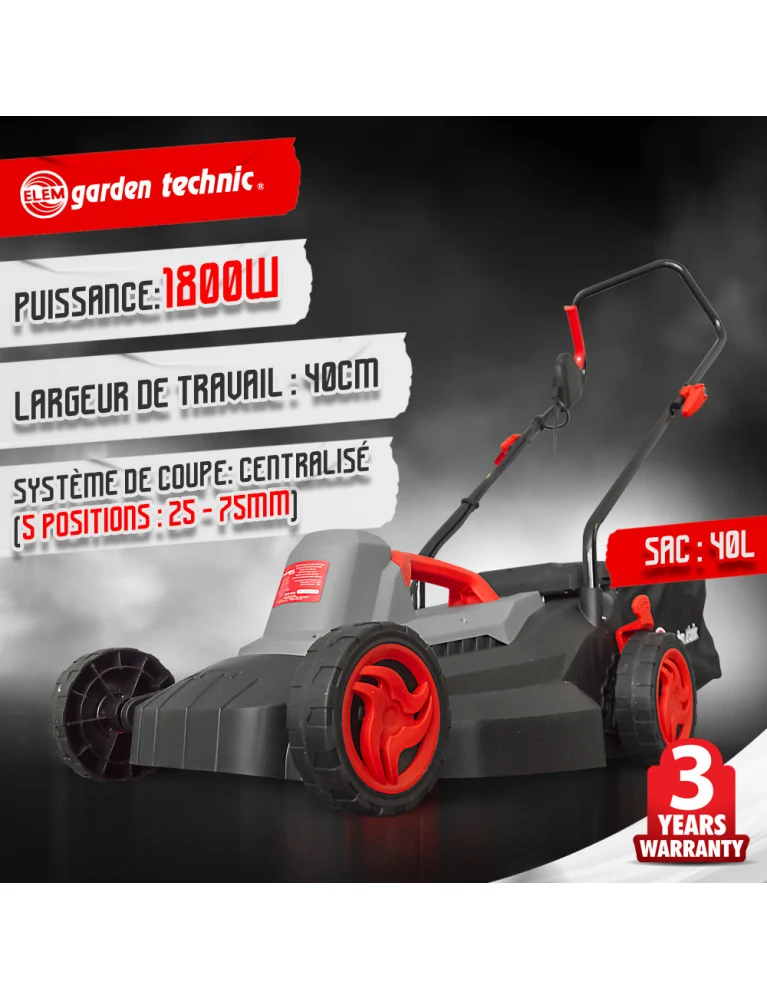 Tondeuse électrique 1800W - 40 cm - 5 positions- bac de 40 L