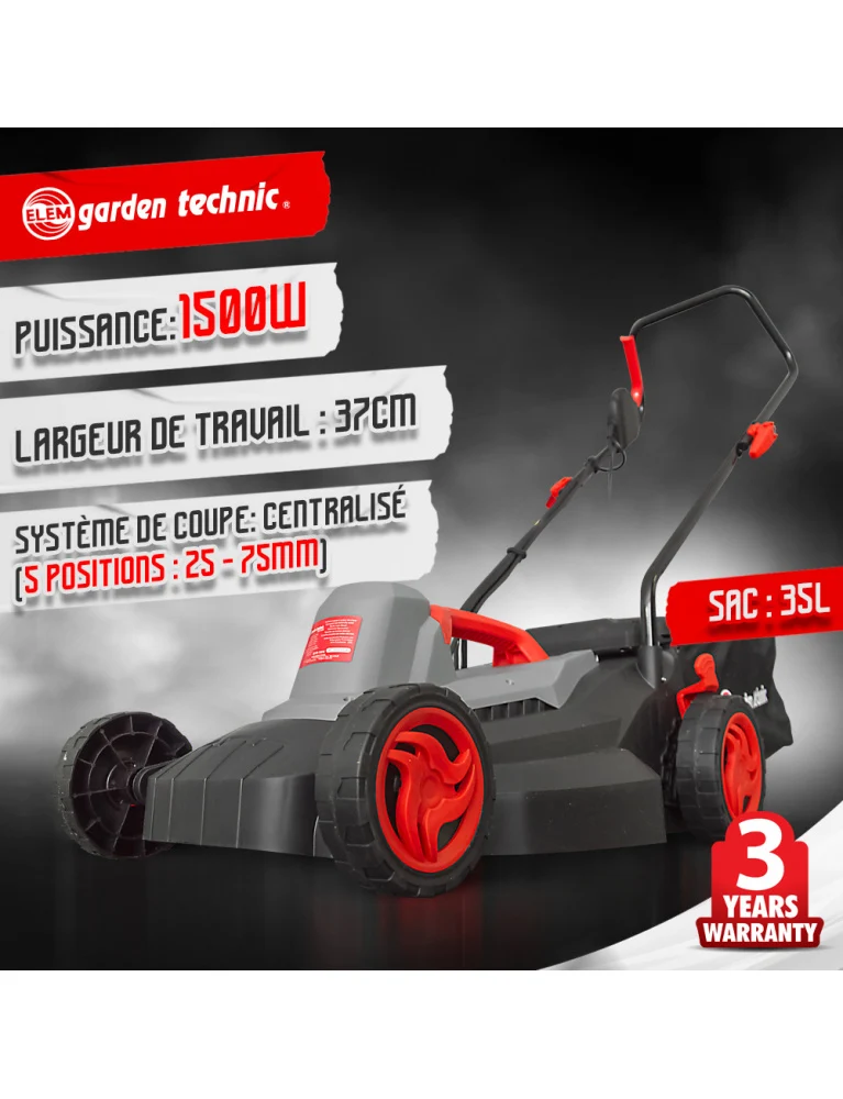 Tondeuse à gazon électrique 1500W - 37 cm - bac de 35 L