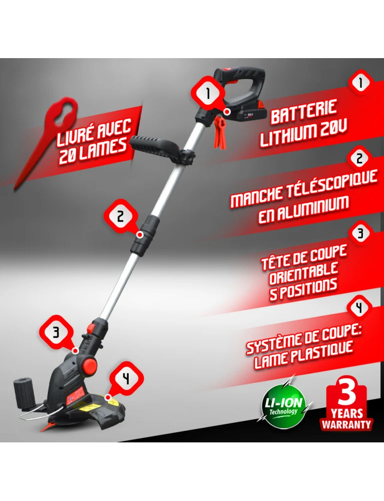 Coupe-bordure sur batterie 20V - 25 cm - manche téléscopique - avec batterie et chargeur