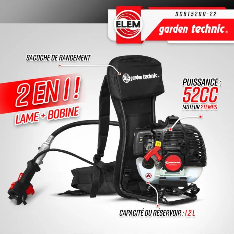 Débroussailleuse thermique dorsale 52 CM³ - 1 lame + 1 tête double-fil