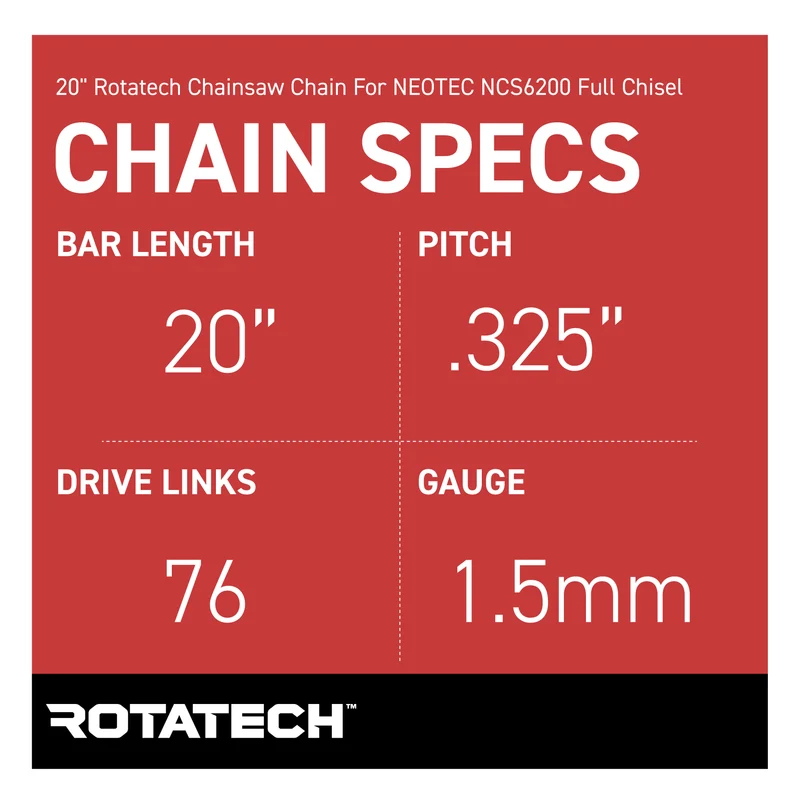 20" Rotatech Chainsaw Chain for NEOTEC NCS6200 Full Chisel