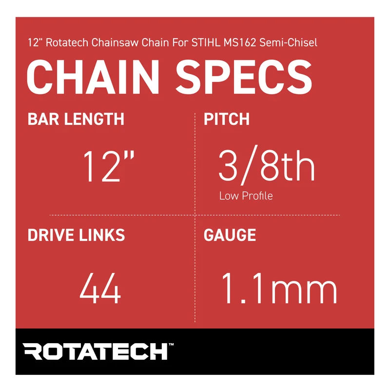 12" Rotatech Chainsaw Chain For STIHL MS162 Semi-Chisel