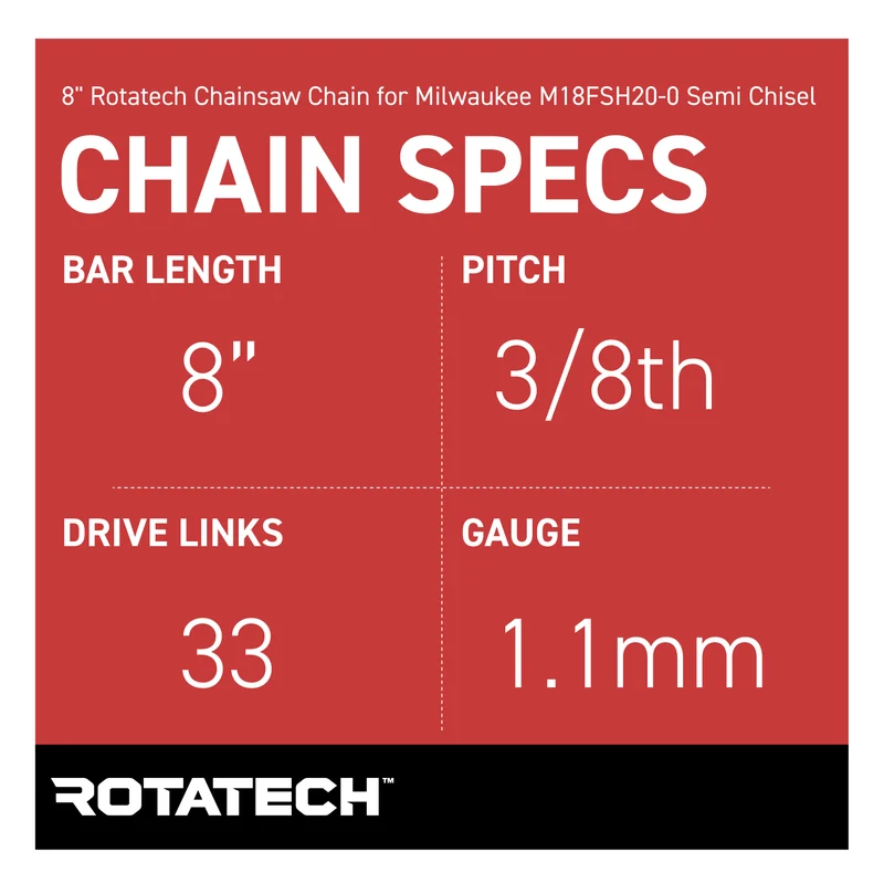 8" Rotatech Chainsaw Chain for Milwaukee M18FSH20-0 Semi Chisel