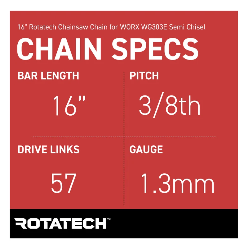 16" Rotatech Chainsaw Chain for WORX WG303E Semi Chisel