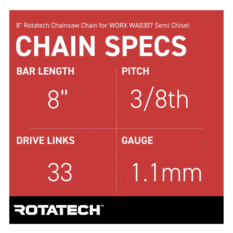 8" Rotatech Chainsaw Chain for WORX WA0307 Semi Chisel