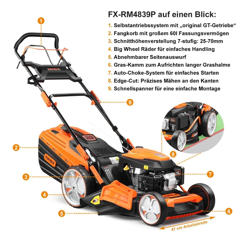 B-WARE Tondeuse thermique professionnelle autotractée FUXTEC FX-RM4839P - 139 cm3