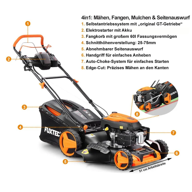 B-WARE Tondeuse thermique démarrage électrique E-Start FUXTEC FX-RM5196eS avec zipgo®