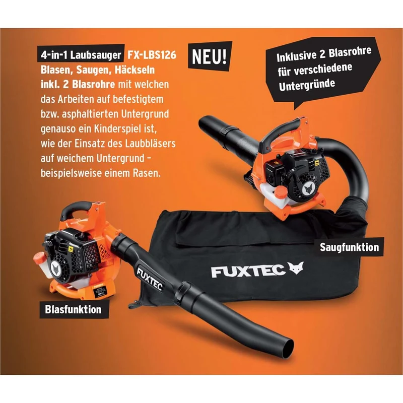 FUXTEC FX-LBS126 4 en 1 : aspirateur, souffleur et broyeur de feuilles, avec deux tuyaux de soufflage inclus